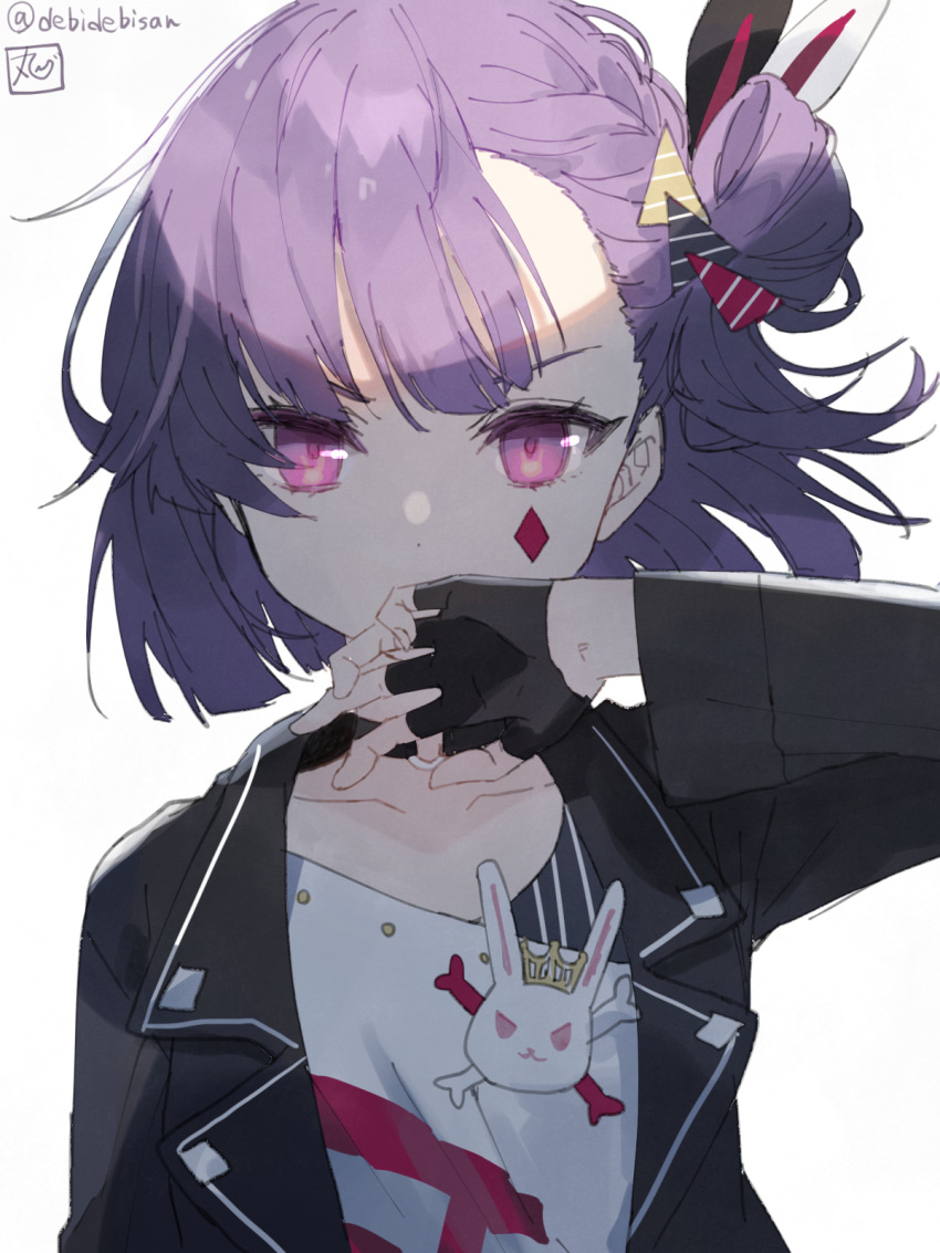 animal_ears black_jacket chibirisu collarbone commentary diamond_(shape) fake_animal_ears female fingerless_gloves gloves hair_ornament half_gloves hand_up highres jacket one_side_up open_clothes open_jacket pink_eyes prismplus purple_hair rabbit_ears shirt short_hair signature simple_background solo tenjin_kotone twitter_username upper_body virtual_youtuber white_background