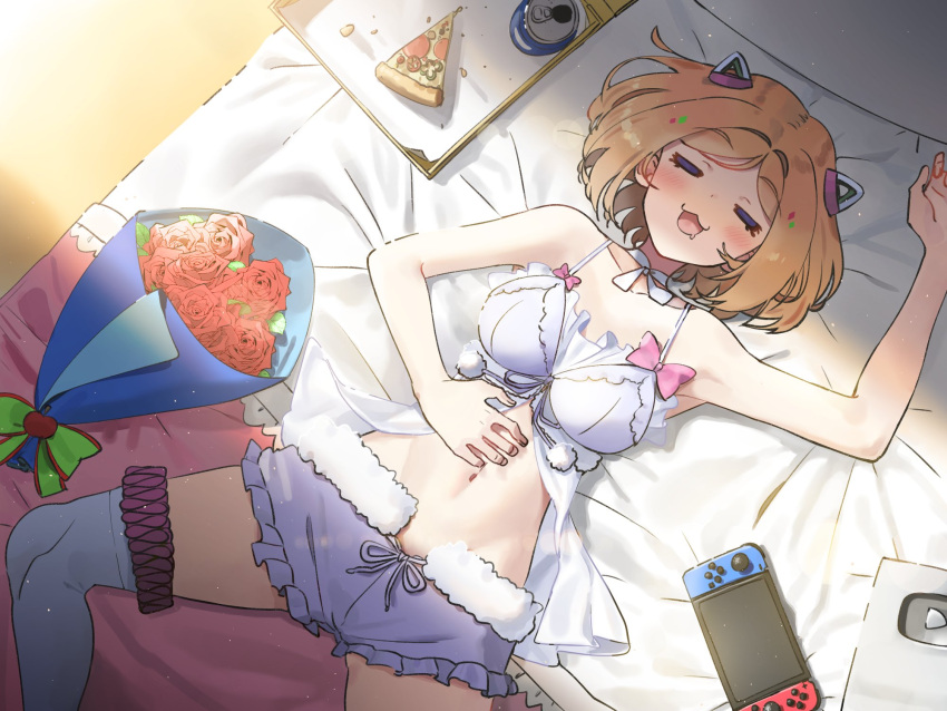 aki_rosenthal aki_rosenthal_(sleepwear) bed blonde_hair blush bouquet breasts can closed_eyes collarbone female flower food hand_up headgear highres hololive kneehighs medium_breasts midriff navel nintendo_switch official_alternate_costume open_mouth parted_bangs pizza rose saliva short_hair silver_creator_award sleeping sleepwear socks solo spread_legs twin_(tt_lsh) virtual_youtuber youtube_creator_award