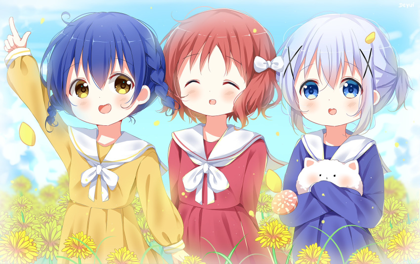 3girls :d ^_^ aged_down angora_rabbit animal animal_hug arm_up blue_dress blue_eyes blue_hair blush bow braid brown_eyes brown_hair candy chimame-tai closed_eyes commentary_request day deyui dress facing_viewer field flower flower_field food gochuumon_wa_usagi_desu_ka? hair_between_eyes hair_ornament hairbow highres index_finger_raised jouga_maya kafuu_chino lollipop long_sleeves looking_at_viewer matching_outfits multiple_girls natsu_megumi oerba_yun_fang open_mouth outdoors petals pleated_dress rabbit red_dress sailor_collar sailor_dress short_twintails signature sleeves_past_wrists smile swirl_lollipop teeth tippy_(gochiusa) twin_braids twintails upper_teeth_only white_bow white_sailor_collar x_hair_ornament yellow_dress yellow_flower