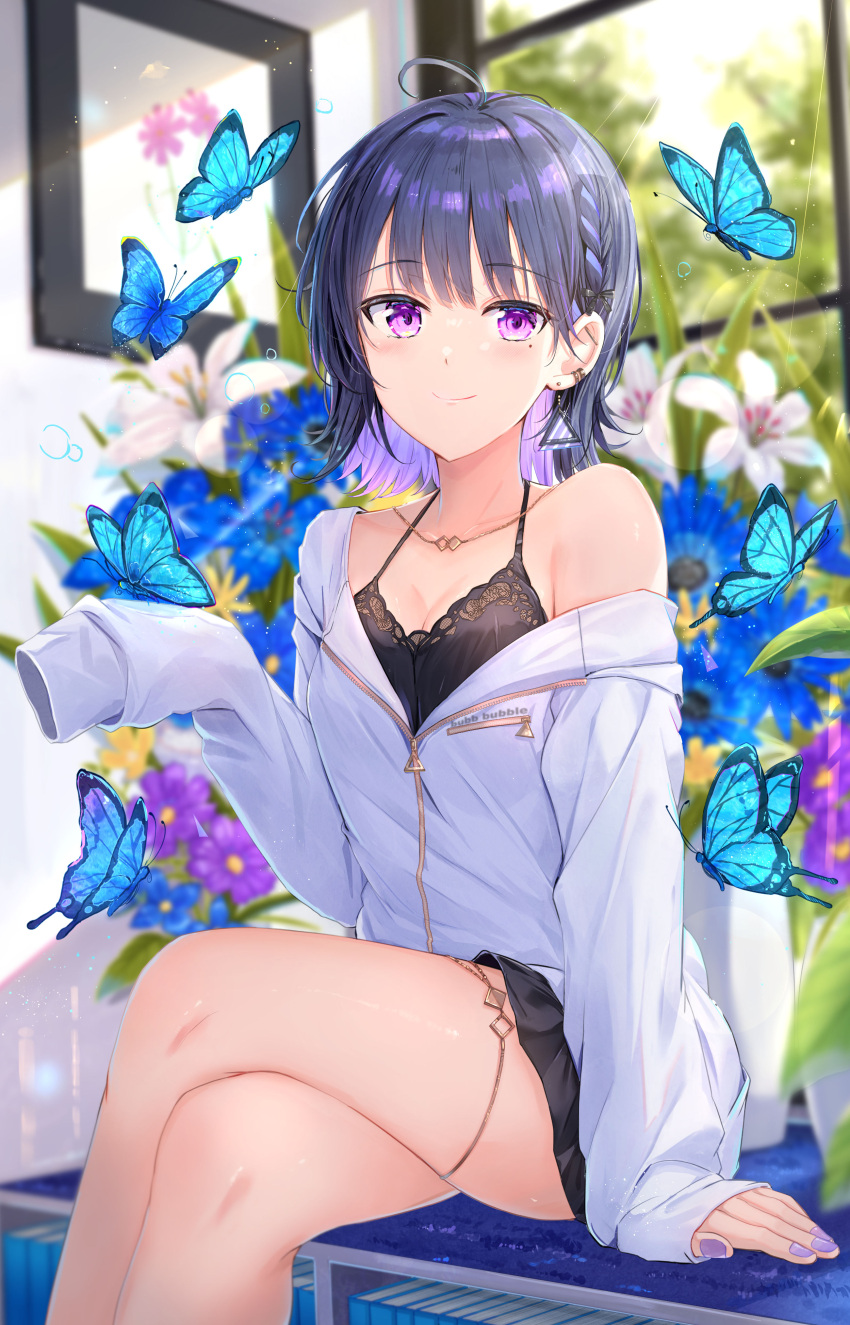 absurdres black_camisole black_skirt blue_butterfly blue_flower blue_hair book bookshelf braid breasts bug butterfly camisole cleavage collarbone commentary cowboy_shot crossed_legs female flower french_braid highres jacket jewelry koshimizu_toru koshimizu_toru_(2nd_costume) light_particles light_rays looking_at_viewer miniskirt mole mole_under_eye na_kyo necklace nijisanji off_shoulder plant purple_eyes purple_flower purple_nails short_hair sitting skirt sleeves_past_wrists small_breasts smile solo sunlight symbol-only_commentary thigh_strap virtual_youtuber white_flower white_jacket window