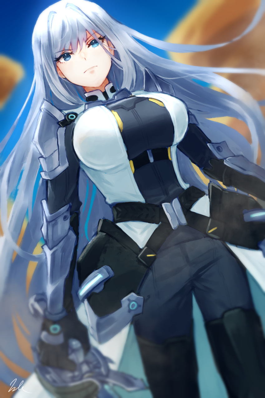 absurdres armor blue_eyes breast_tattoo breasts cleavage cleavage_cutout closed_mouth clothing_cutout ethel_(xenoblade) female grey_hair highres holding kyosuke1413koba large_breasts long_hair looking_at_viewer shoulder_armor simple_background solo sword tattoo very_long_hair weapon xenoblade_chronicles_(series) xenoblade_chronicles_3