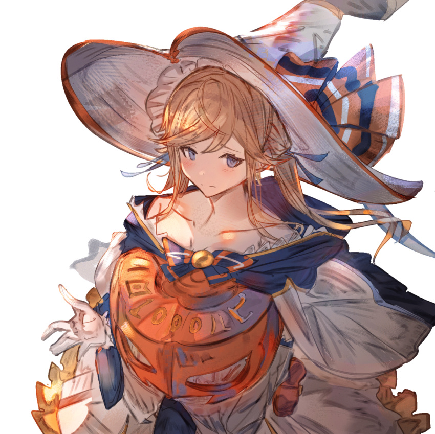 bare_shoulders blue_eyes blush brown_hair cape closed_mouth collarbone commentary_request cucouroux_(granblue_fantasy) cucouroux_(halloween)_(granblue_fantasy) female gloves granblue_fantasy hat highres long_hair looking_at_viewer official_alternate_costume simple_background skirt solo tota_(sizukurubiks) twintails white_background white_cape white_gloves white_hat white_skirt witch_hat