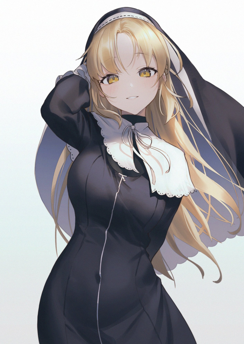 arm_behind_head arm_up aya_(lezon) black_dress blonde_hair blush breasts capelet commentary dress female full-length_zipper gloves habit highres large_breasts long_hair long_sleeves looking_at_viewer neck_ribbon nijisanji nun ohisashiburi_(style) parted_bangs parted_lips ribbon simple_background sister_claire sister_claire_(1st_costume) smile solo traditional_nun veil virtual_youtuber white_background white_capelet white_gloves white_ribbon yellow_eyes zipper zipper_dress