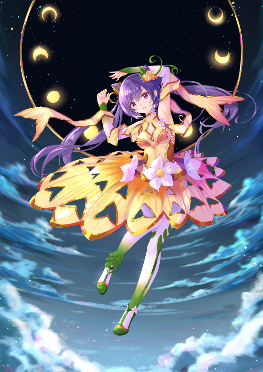 :< above_clouds absurdres armpits arms_up blurry closed_mouth cloud commentary_request cone_hair_bun crescent_moon detached_sleeves dress female flying full_body full_moon genshin_impact gold_trim gradient_sleeves green_footwear hair_bun hair_ornament highres keqing_(genshin_impact) long_hair moon moon_phases purple_eyes purple_hair solo twintails yellow_dress you_cao_xi