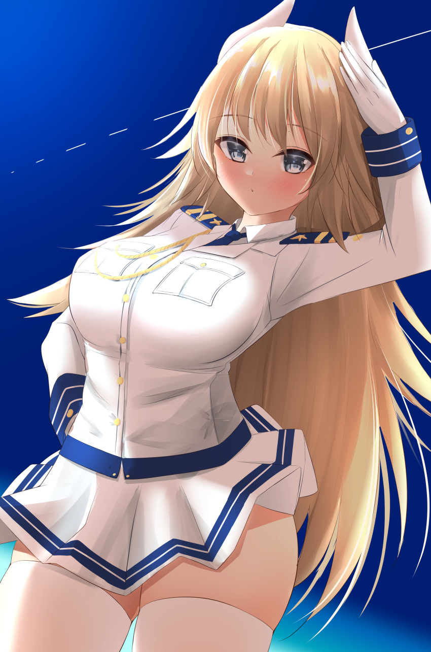 absurdres alternate_costume animal_ears azur_lane balut_(7676i) blue_eyes breasts brown_hair commentary_request commission female furutaka_(azur_lane) highres large_breasts long_hair looking_at_viewer military military_uniform pleated_skirt salute skeb_commission skirt solo thighhighs uniform