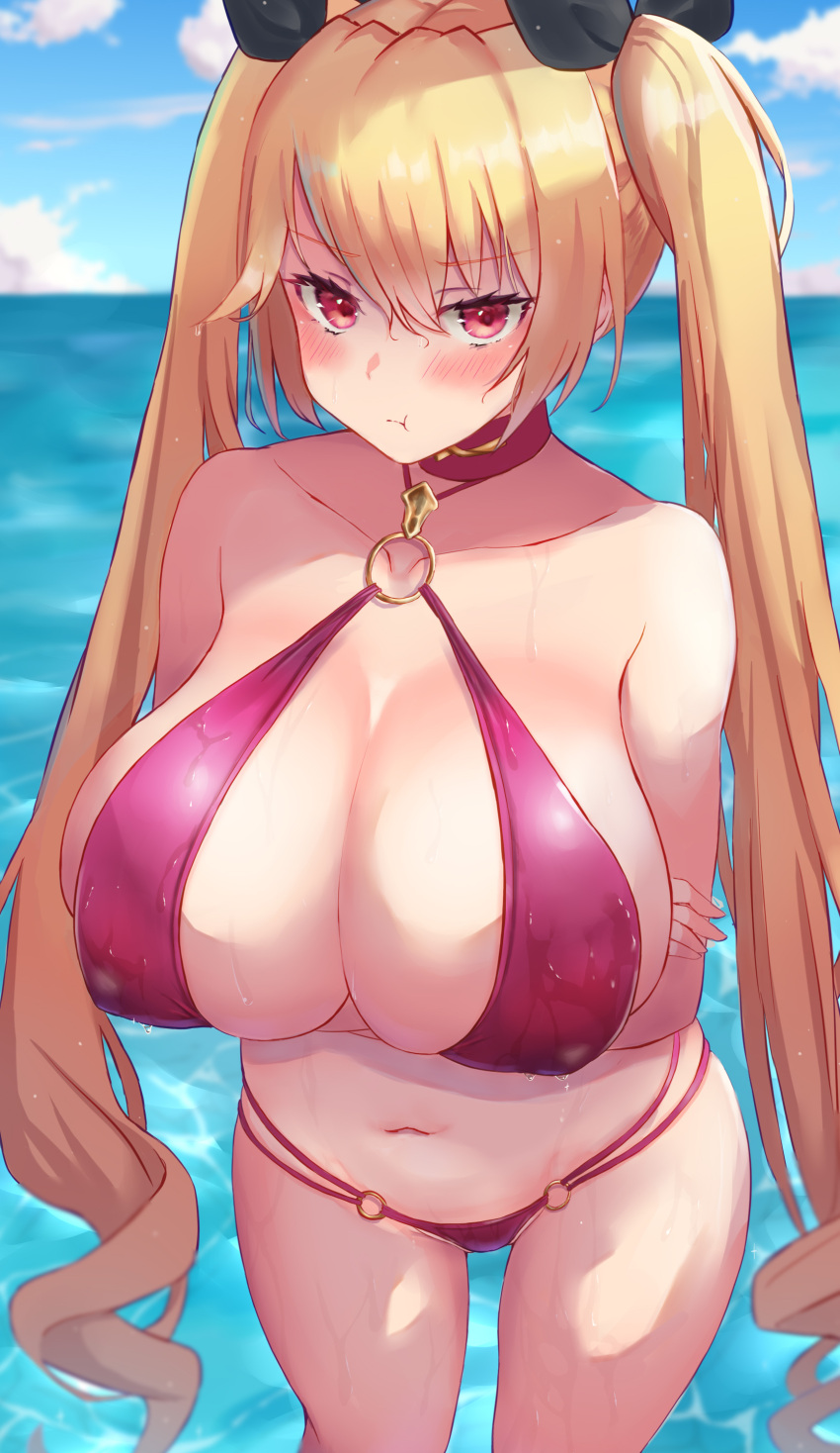 :t absurdres arms_under_breasts azur_lane bare_shoulders bikini blonde_hair blue_sky blush breasts cleavage collarbone covered_nipples crossed_arms female halterneck highres huge_breasts long_hair looking_at_viewer navel nelson_(azur_lane) o-ring o-ring_bikini ocean outdoors pink_bikini pout red_eyes satou_aji sky solo swimsuit thighs very_long_hair watermark wet