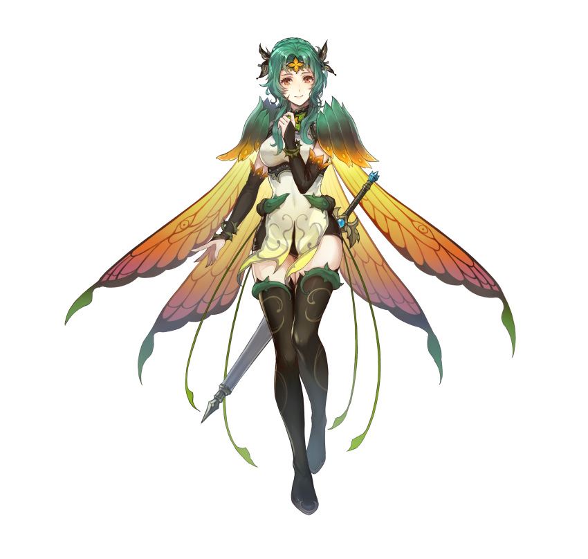 absurdres amiti black_footwear boots breasts bridal_gauntlets brown_eyes butterfly_wings cape closed_mouth denim denim_shorts dress elincia_ridell_crimea elincia_ridell_crimea_(resplendent) female fire_emblem fire_emblem:_path_of_radiance fire_emblem:_radiant_dawn fire_emblem_heroes full_body gradient_clothes green_hair hair_ornament hand_up highres insect_wings lips looking_at_viewer medium_breasts nijihayashi official_alternate_costume official_art sheath sheathed short_dress shorts simple_background smile solo standing sword thigh_boots thighhighs thighs thorns tiara weapon white_background wing_cape wings