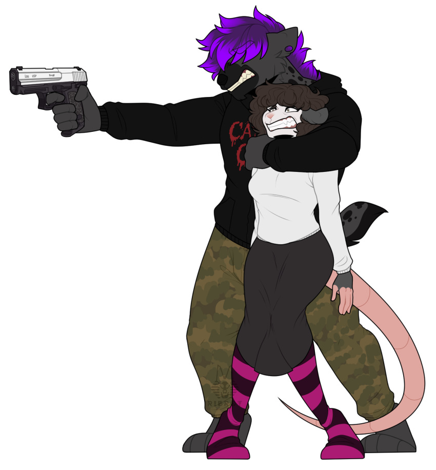 aiming alpha_channel american_opossum anthro bottomwear camo camo_bottomwear camo_clothing camo_print clenched_teeth clothed clothing digital_media_(artwork) duo female footwear gun gynomorph_(lore) hair hair_over_eye hair_over_eyes handgun head_lock heckler_and_koch hi_res holding_gun holding_handgun holding_object holding_pistol holding_ranged_weapon holding_weapon hostage human_shield hyena knock-kneed legwear long_skirt male male/female mammal marsupial mary_(marynonbinary) one_eye_obstructed panicking pattern_bottomwear pattern_clothing pattern_footwear pattern_legwear pattern_socks piercing pistol purple_hair ranged_weapon ribr0t scared skirt socks spotted_hyena standing striped_clothing striped_footwear striped_socks stripes teeth topwear trans_(lore) trans_woman_(lore) unnamed_character usp virginia_opossum weapon