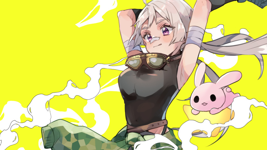 ahoge bandaged_arm bandages bandaid bandaid_on_face bandaid_on_nose belt breasts chiro_(chi-bu-ko) commentary_request female goggles grey_hair highres long_hair original purple_eyes rabbit simple_background smoke star_(symbol) tongue tongue_out yellow_background