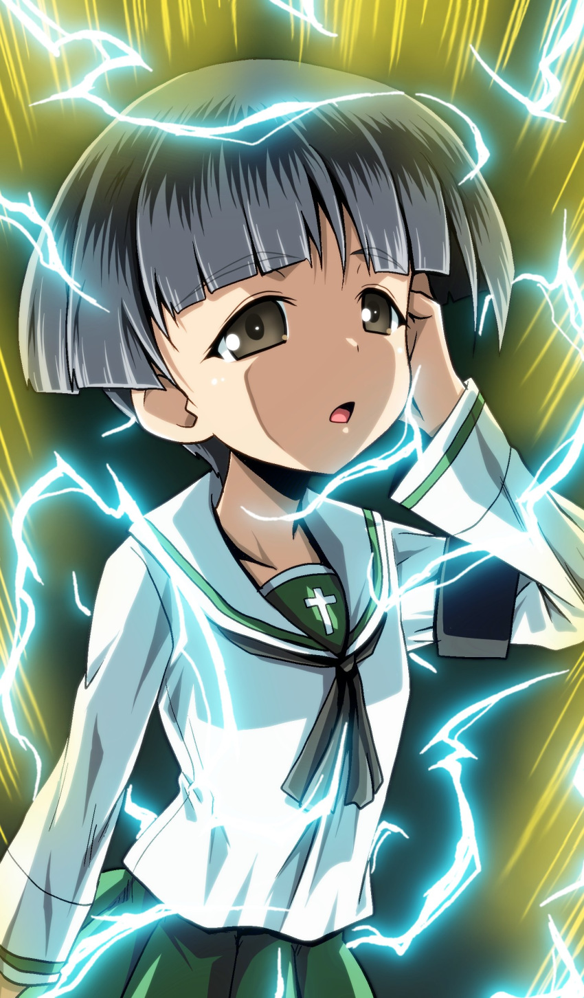 absurdres armband aura black_eyes black_hair black_neckerchief blouse blunt_bangs blunt_ends bob_cut commentary dragon_ball dragon_ball_z electricity female girls_und_panzer green_skirt half-closed_eyes hand_in_own_hair highres kamishima_kanon konparu_nozomi long_sleeves looking_at_viewer neckerchief ooarai_school_uniform open_mouth pleated_skirt sailor_collar school_uniform serafuku shirt short_hair skirt solo standing super_saiyan super_saiyan_2 white_sailor_collar white_shirt