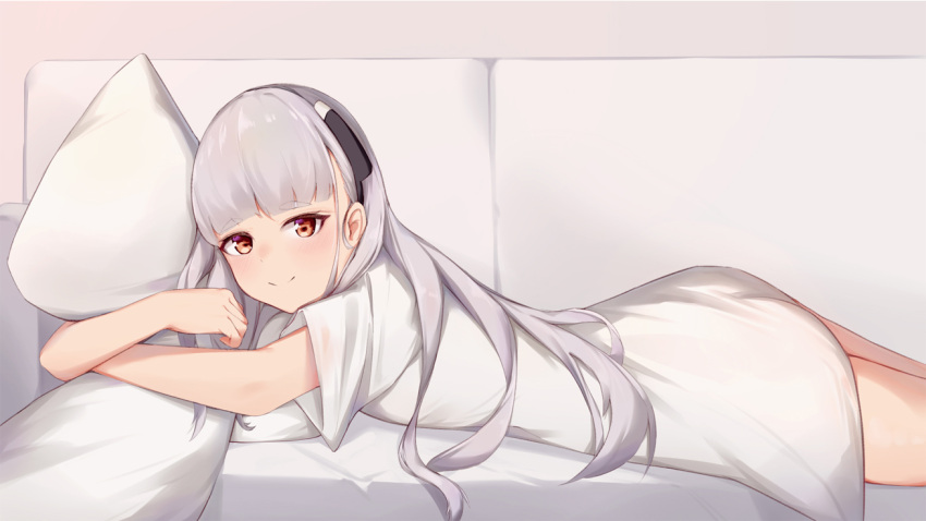 ak-alfa_(girls'_frontline) alternate_costume brown_eyes check_commentary commentary_request couch female girls'_frontline hairband hitori_yui hugging_object long_hair looking_at_viewer lying no_pants on_couch on_stomach oversized_clothes oversized_shirt pillow pillow_hug shirt smile solo very_long_hair white_hair white_shirt