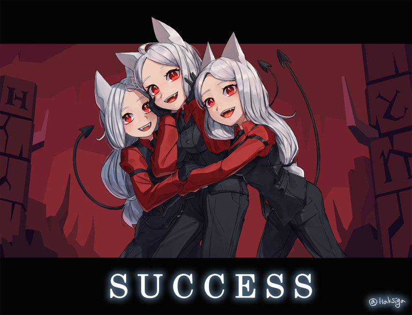 3girls ahoge animal_ears arm_garter artist_name black_gloves black_pants blush breasts cerberus_(helltaker) commentary_request demon_girl demon_tail dog_ears dog_girl english_text fangs glorious_success gloves haksiga helltaker highres hug korean_commentary long_hair long_sleeves looking_at_viewer low-tied_long_hair medium_breasts multiple_girls necktie oerba_yun_fang open_mouth pants parted_bangs red_background red_eyes red_shirt shirt smile tail teeth tongue tongue_out triplets upper_teeth_only vest waistcoat white_hair