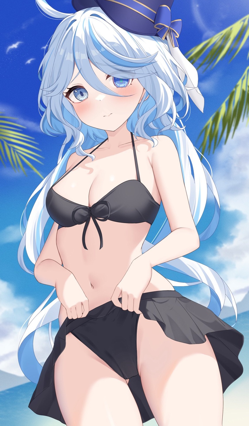 ahoge bare_arms bare_shoulders bikini bikini_skirt black_bikini black_skirt blue_eyes blue_hair blue_headwear blue_sky blush breasts cleavage cloud commentary_request day duplicate female furina_(genshin_impact) genshin_impact highres long_hair looking_at_viewer medium_breasts navel nyuu_(pixiv12143565) outdoors skirt sky solo stomach swimsuit thighs twitter_suki very_long_hair