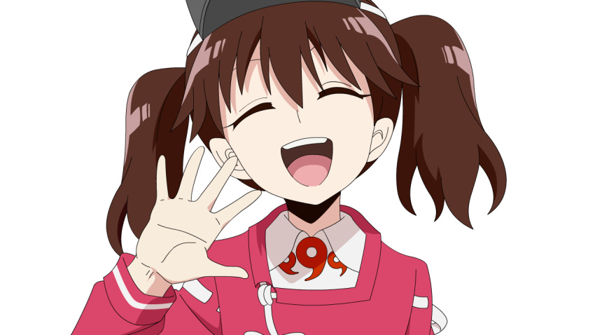 anime_coloring brown_hair closed_eyes commentary_request derivative_work female japanese_clothes kantai_collection kariginu magatama munou_na_nana open_mouth portrait ryuujou_(kancolle) ryuujou_kai_ni_(kancolle) smile solo sugapi twintails visor_cap white_background