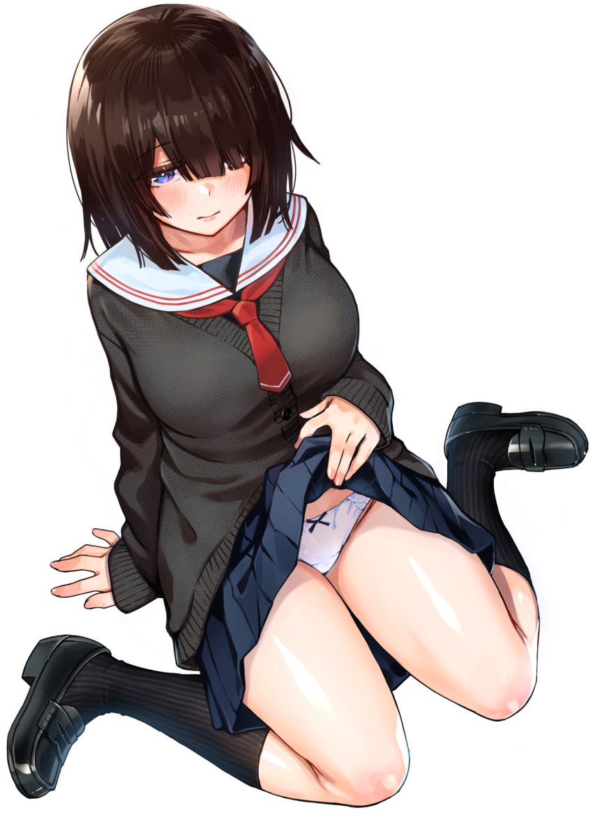 arm_support black_footwear black_socks blue_eyes blue_skirt blunt_bangs blush bow bow_panties breasts brown_hair cardigan closed_mouth clothes_lift collarbone dojirou female full_body grey_cardigan hair_over_one_eye half-closed_eyes hand_on_own_stomach highres kneehighs large_breasts lifting_own_clothes loafers long_sleeves looking_at_viewer medium_hair miniskirt necktie non-web_source on_floor original panties pleated_skirt red_necktie ribbed_legwear sailor_collar school_uniform serafuku shoes simple_background sitting skirt skirt_lift socks solo thighs underwear wariza white_background white_panties