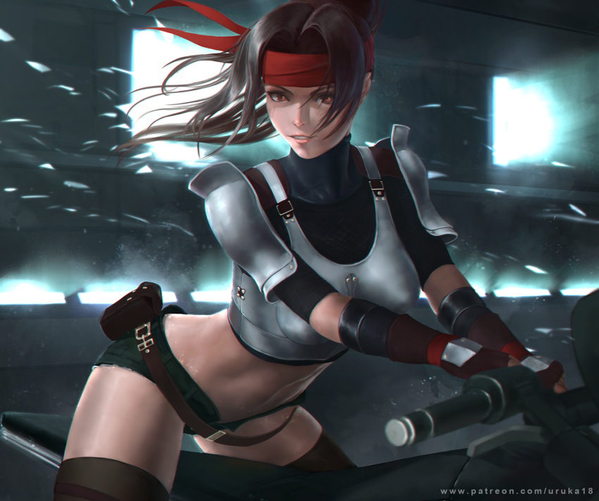 armor belt belt_pouch black_shorts boobplate breastplate breasts brown_thighhighs crop_top cutoffs female final_fantasy final_fantasy_vii final_fantasy_vii_remake gloves headband highres impossible_armor jessie_rasberry loose_belt medium_breasts midriff motor_vehicle motorcycle nose open_fly pink_lips ponytail pouch red_gloves red_headband short_shorts shorts shoulder_armor solo straddling thighhighs thighs toned uruka_18