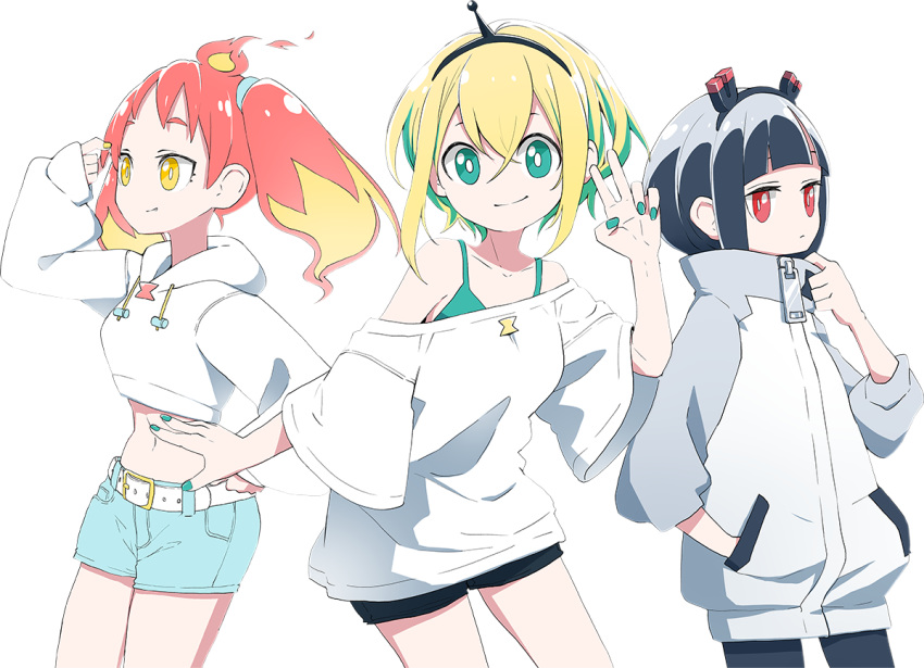 3girls amano_pikamee bad_link bare_shoulders belt belt_buckle black_hair black_hairband black_legwear black_shorts blonde_hair blue_shorts bright_pupils buckle closed_mouth collarbone crop_top drawstring eyebrows_hidden_by_hair green_eyes green_hair green_nails gyari_(imagesdawn) hair_between_eyes hairband hand_in_pocket hand_up hikasa_tomoshika hood hood_down hoodie jacket jitomi_monoe long_sleeves looking_at_viewer looking_away magnet midriff multicolored_hair multiple_girls nail_polish navel off-shoulder_shirt off_shoulder official_art pantyhose puffy_long_sleeves puffy_sleeves red_eyes red_hair shirt short_shorts short_sleeves shorts sleeves_past_wrists smile thick_eyebrows transparent_background two-tone_hair v virtual_youtuber voms white_belt white_hoodie white_jacket white_pupils white_shirt wide_sleeves yellow_eyes yellow_nails zipper_pull_tab