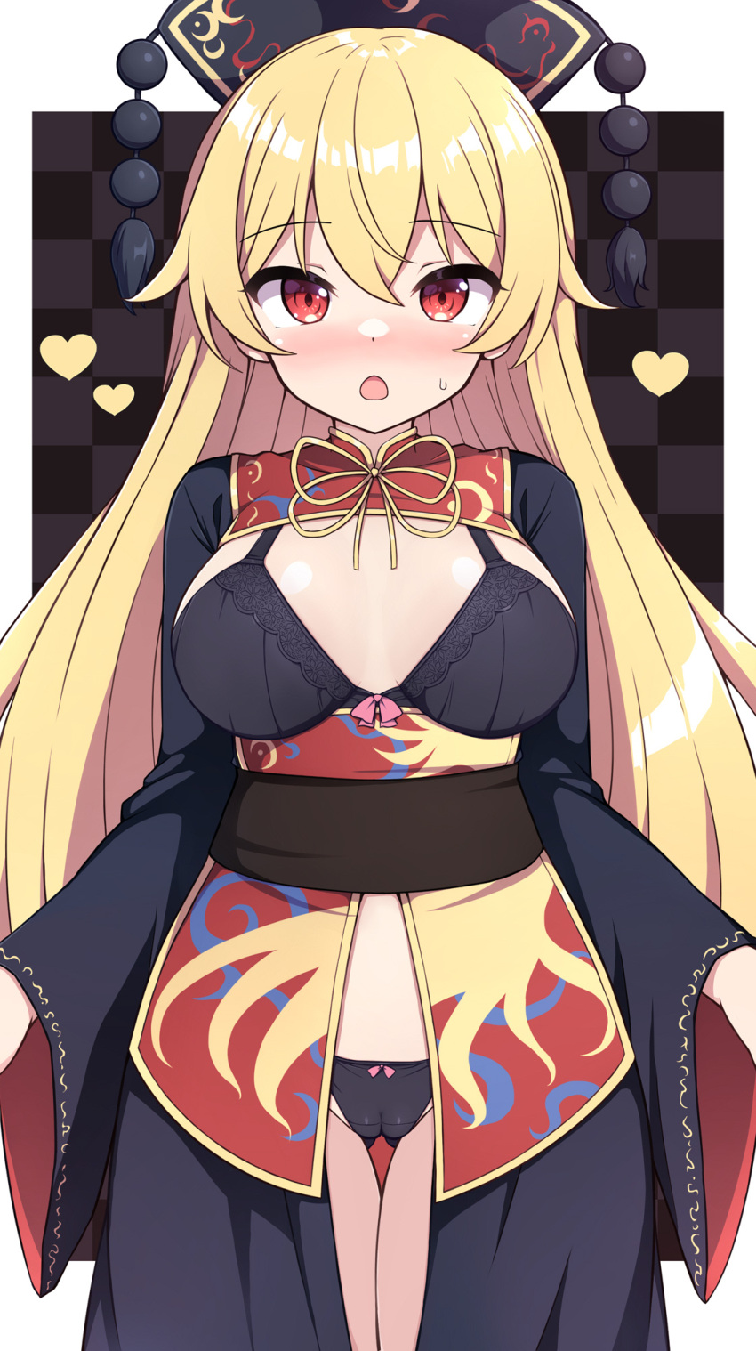 adapted_costume black_bra black_dress black_headwear black_panties blonde_hair blush bra breasts cameltoe checkered_background cowboy_shot dress female hair_between_eyes heart highres junko_(touhou) long_hair long_sleeves medium_breasts open_mouth panties phoenix_crown red_eyes rizento solo thigh_gap touhou underwear wide_sleeves