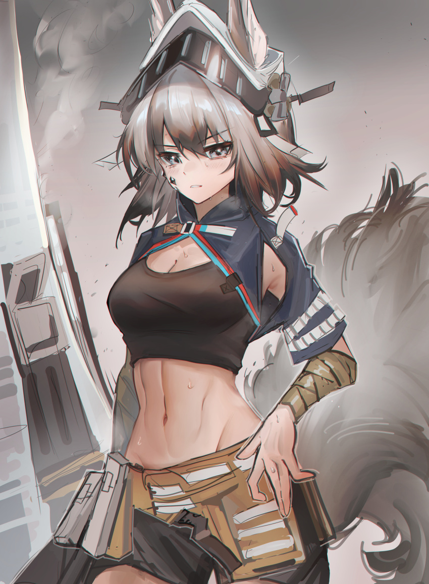 absurdres animal_ears arknights ashlock_(arknights) ashlock_(elite_ii)_(arknights) black_tank_top breasts brown_eyes brown_hair cleavage crop_top female highres holding holding_shield kaguura_(kagu) looking_at_viewer material_growth medium_breasts midriff navel oripathy_lesion_(arknights) shield short_hair solo squirrel_ears squirrel_girl squirrel_tail stomach tail tank_top visor_(armor)