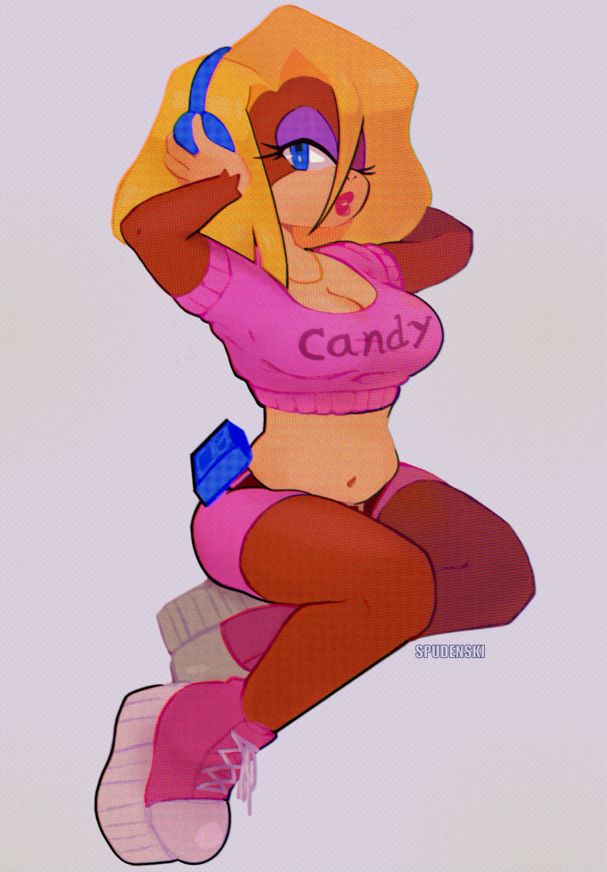 2022 anthro blonde_hair blue_eyes breasts brown_body brown_fur candy_kong cleavage clothed clothing donkey_kong_(series) electronics eyeshadow female footwear fur hair haplorhine headphones hi_res lipstick makeup mammal monkey navel nintendo primate shoes signature simple_background solo spudenski