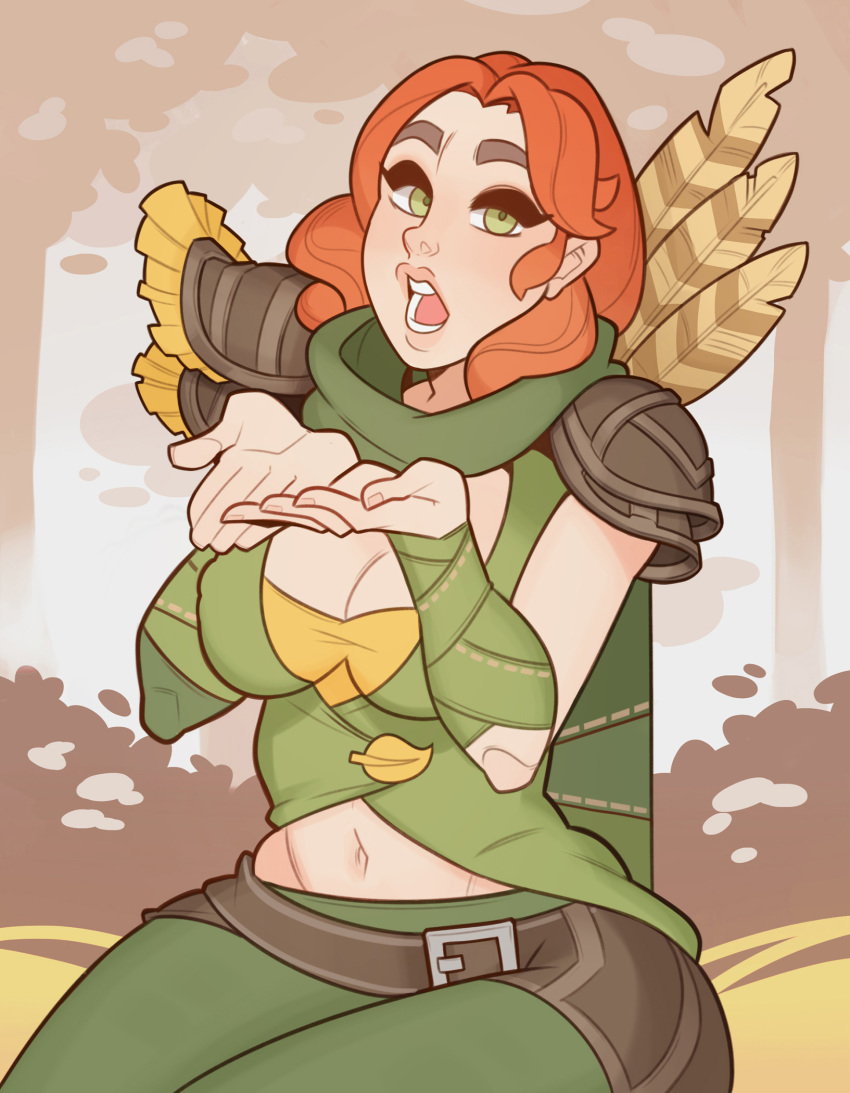 abs armor arms_at_sides arrow_(projectile) asymmetrical_armor bandaged_arm bandages belt breasts brown_armor brown_belt bush cardigan cardigan_vest cleavage commentary cowboy_shot crop_top cupping_hands dota_(series) dota_2 eyelashes feathers female forest green_cardigan green_eyes green_leggings green_pupils green_scarf hands_up highres large_breasts leggings lips looking_at_viewer medium_hair nature navel nose nostrils open_mouth orange_hair outdoors own_hands_together palms parted_hair pauldrons photoshop_(medium) scarf shirt shoulder_armor sidelocks solo splashbrush stitches swept_bangs taut_clothes taut_shirt thick_eyebrows tongue tree windranger_(dota) yellow_shirt