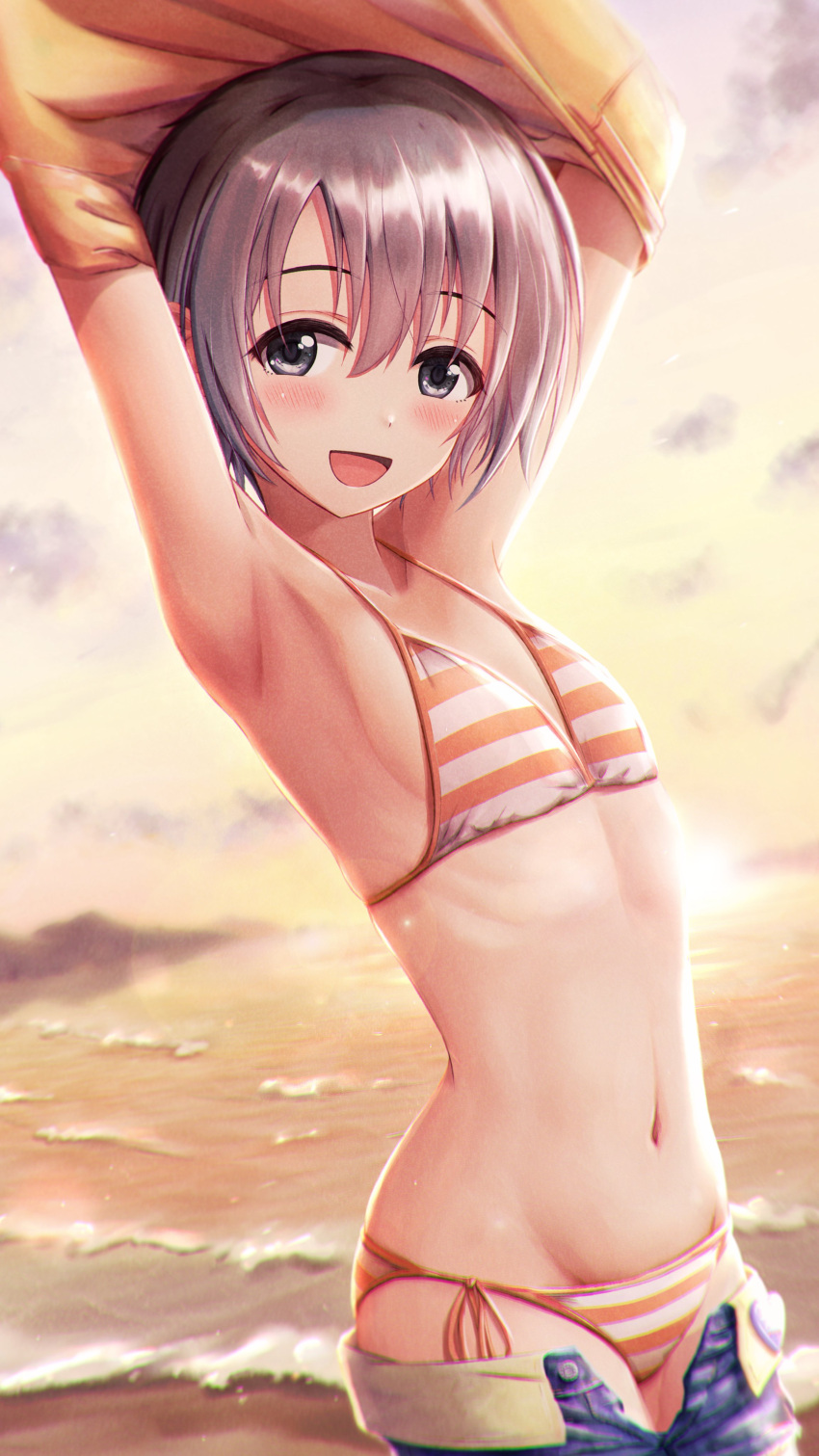 :d absurdres armpits arms_up bikini brown_hair collarbone denim denim_shorts female flat_chest grey_eyes hair_between_eyes halterneck highres idolmaster idolmaster_cinderella_girls looking_at_viewer masuku_(saint_mask) navel ocean open_mouth otokura_yuuki outdoors shirt short_hair short_shorts shorts side-tie_bikini_bottom smile solo standing string_bikini striped_bikini striped_clothes swimsuit unbuttoned undressing yellow_shirt