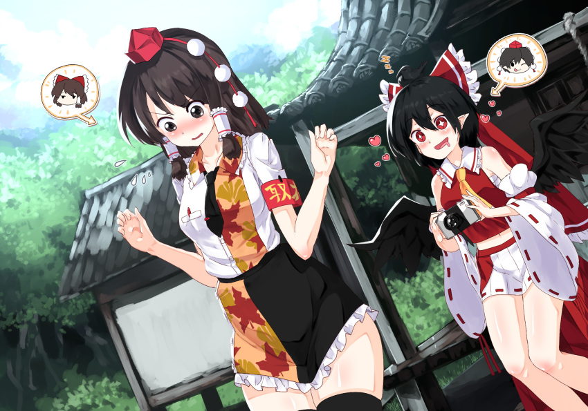 2girls ;q architecture ascot bird_wings black_hair black_legwear black_neckwear bow breasts brown_hair camera commentary_request cosplay costume_switch detached_sleeves east_asian_architecture feathered_wings feet_out_of_frame frilled_shirt_collar frilled_skirt frills hair_tubes hairbow hakurei_reimu hakurei_reimu_(cosplay) hakurei_shrine hat highres holding holding_camera leaf-pattern_stripe medium_breasts miniskirt multiple_girls necktie nontraditional_miko one_eye_closed pom_pom_(clothes) red_bow ribbon-trimmed_sleeves ribbon_trim shameimaru_aya shameimaru_aya_(cosplay) short_hair skirt sparkling_eyes standing sunyup thighhighs thighs tokin_hat tongue tongue_out touhou wide_sleeves wings yellow_ascot