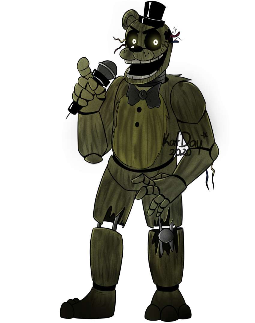 >:d 1_ear 2020 alpha_channel animatronic anthro barefoot bear big_pupils black_nose bow_tie clothing dilated_pupils electronics exposed_endoskeleton featureless_crotch feet five_nights_at_freddy's five_nights_at_freddy's_3 fur ghost glowing glowing_eyes green_body green_ears green_fur hat headgear headwear hi_res holding_microphone holding_object katdaykatz looking_at_viewer machine male mammal metal metallic metallic_body microphone multicolored_body multicolored_fur open_mouth phantom_freddy_(fnaf) pupils raised_arm robot round_ears scottgames short_ears simple_background singer smile solo spirit standing teeth top_hat torn_leg transparent_background two_tone_body two_tone_fur wire yellow_eyes