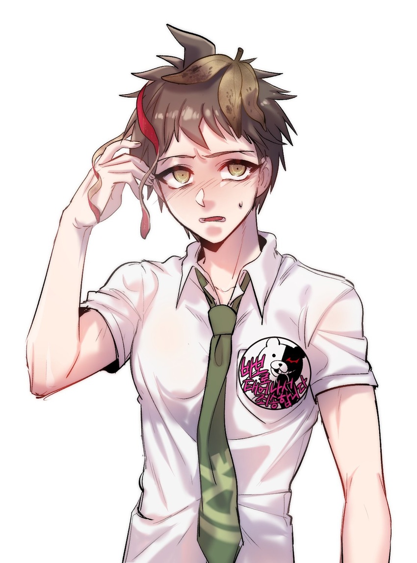 1boy ahoge banana_peel blush brown_hair character_print collarbone collared_shirt commentary_request danganronpa_(series) danganronpa_2:_goodbye_despair green_necktie gwanlamcha hand_up highres hinata_hajime korean_commentary looking_at_viewer male_focus monokuma necktie open_mouth red_ribbon ribbon school_uniform shirt short_hair short_sleeves simple_background solo sweatdrop upper_body white_background white_shirt yellow_eyes