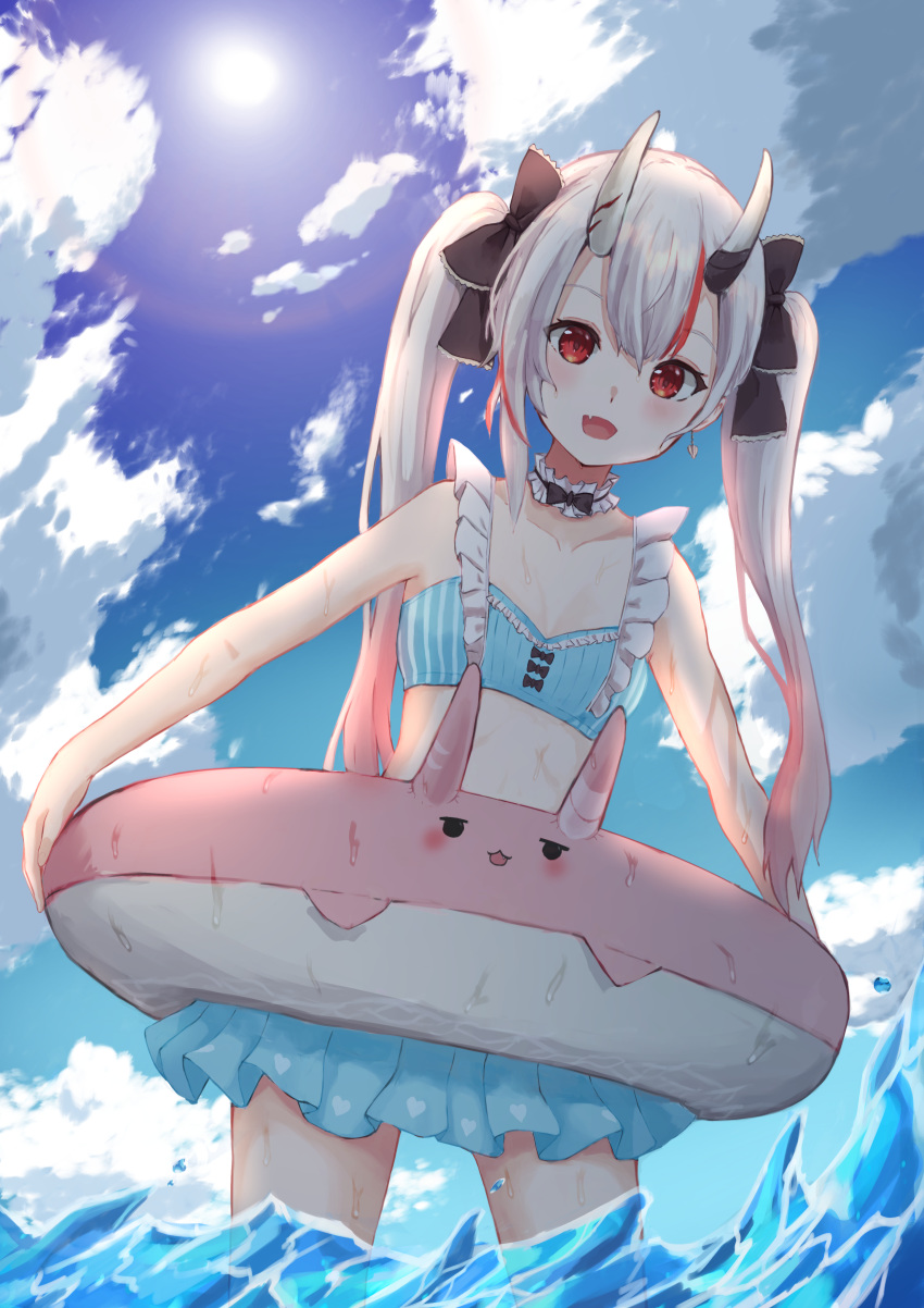 6mint absurdres alternate_costume alternate_hairstyle bikini breasts cloud cloudy_sky collarbone commentary earrings female gradient_hair hair_between_eyes highres hololive horns innertube jewelry long_hair looking_at_viewer multicolored_hair nakiri_ayame nakiri_ayame_(hololive_summer_2019) oerba_yun_fang official_alternate_costume open_mouth red_eyes red_hair skin-covered_horns skin_fang sky small_breasts solo streaked_hair swim_ring swimsuit twintails virtual_youtuber white_hair