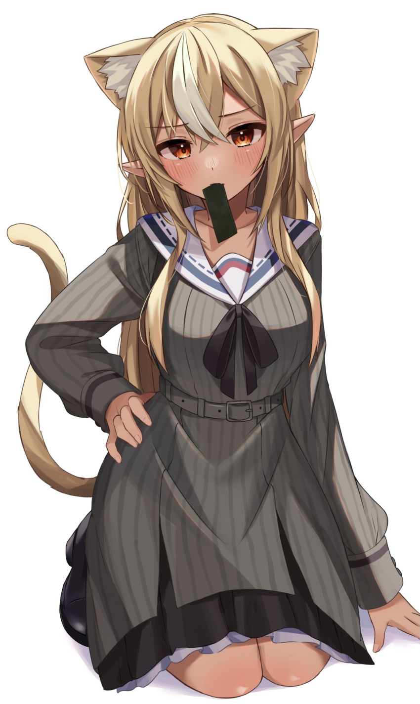 animal_ear_fluff animal_ears bad_id bad_pixiv_id black_footwear blonde_hair blush bow brown_bow cat_ears cat_girl cat_tail commentary_request dark-skinned_female dark_skin dress extra_ears female full_body grey_dress hair_between_eyes hand_on_own_hip highres hololive kemonomimi_mode kneeling long_hair long_sleeves looking_at_viewer moonbell mouth_hold multicolored_hair official_alternate_costume pointy_ears red_eyes sailor_collar shiranui_flare shiranui_flare_(street) shoes sidelocks simple_background solo streaked_hair tail tail_raised virtual_youtuber white_background white_hair white_sailor_collar