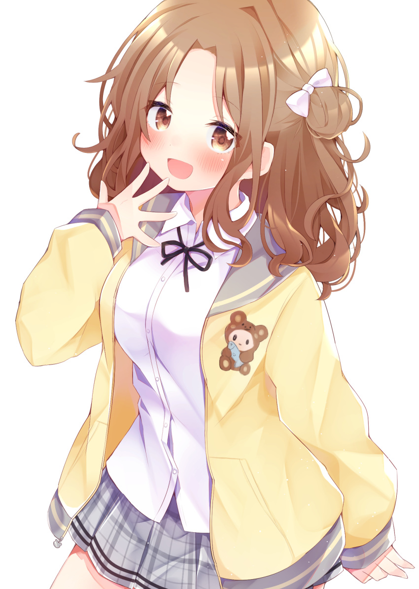 animal_print bear_print black_ribbon blush bow breasts brown_eyes brown_hair cardigan commentary_request eringikinono female grey_skirt hair_bun hair_ribbon hairbow highres ichikawa_hinana idolmaster idolmaster_shiny_colors long_hair long_sleeves looking_at_viewer neck_ribbon open_cardigan open_clothes open_mouth parted_bangs pleated_skirt ribbon school_uniform shirt simple_background single_hair_bun single_side_bun skirt sleeves_past_wrists smile solo white_background white_bow white_shirt yellow_cardigan