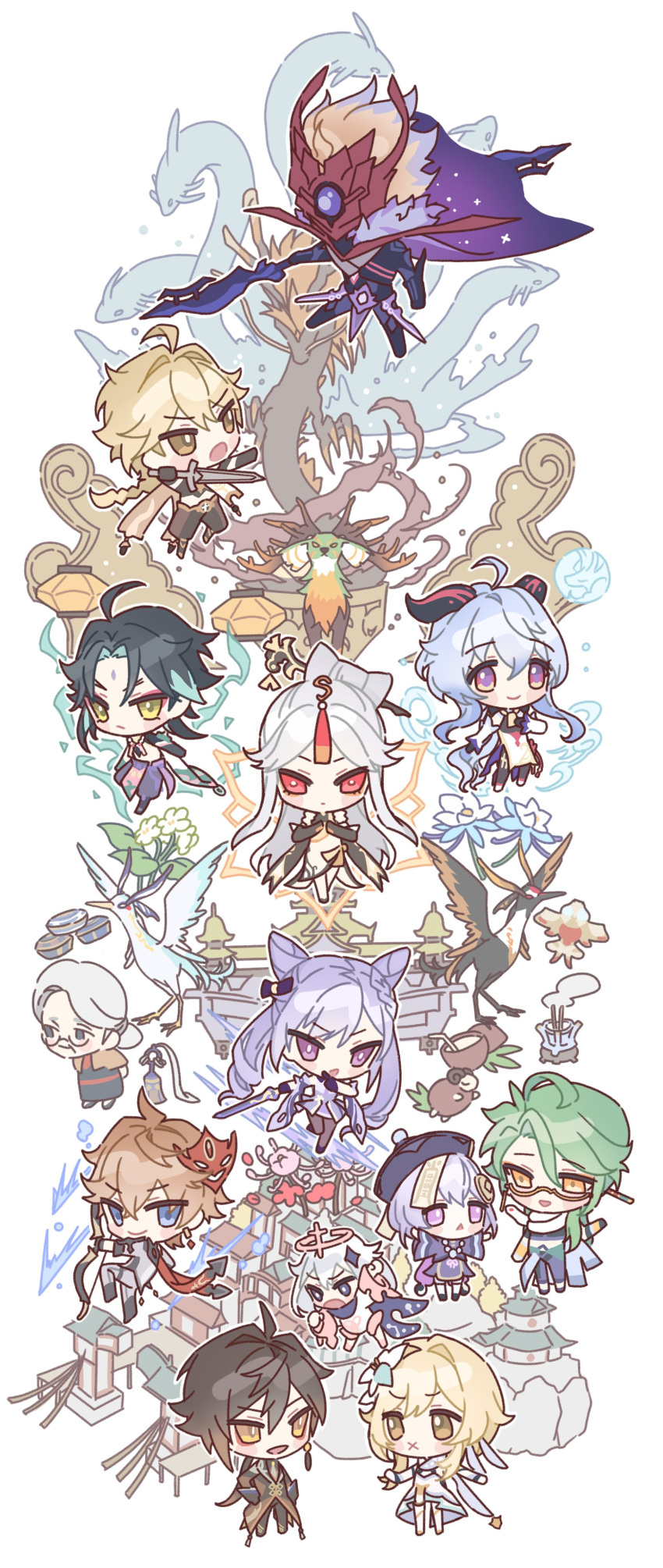 6+boys 6+girls :x absurdres aether_(genshin_impact) ahoge animal aqua_hair baizhu_(genshin_impact) bird black_hair blonde_hair blush bow_(weapon) braid brown_hair cape changsheng_(genshin_impact) chibi china_dress chinese_clothes cloud_retainer_(genshin_impact) coconut detached_sleeves double_bun dragon dress earrings facial_mark flower forehead_mark ganyu_(genshin_impact) genshin_impact glasses goat_horns gradient_hair green_hair hair_between_eyes hair_bun hair_flower hair_ornament hairpin halo hat highres holding holding_bow_(weapon) holding_sword holding_weapon honeymilk0252 horns jacket jewelry keqing_(genshin_impact) long_hair lumine_(genshin_impact) madame_ping_(genshin_impact) mask mask_on_head moon_carver_(genshin_impact) mountain_shaper_(genshin_impact) multicolored_hair multiple_boys multiple_girls ningguang_(genshin_impact) ofuda open_mouth orange_hair osial_(genshin_impact) paimon_(genshin_impact) polearm purple_eyes purple_hair qingdai_guanmao qingxin_flower qiqi_(genshin_impact) red_eyes rex_lapis_(genshin_impact) short_hair_with_long_locks silk_flower_(genshin_impact) simple_background single_braid single_earring snake sword tartaglia_(genshin_impact) weapon white_background white_flower white_hair xianyun_(genshin_impact) xiao_(genshin_impact) yellow_eyes zhongli_(genshin_impact)