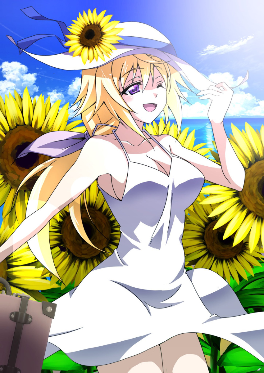 blonde_hair blue_sky breasts charlotte_dunois cleavage cloud commentary_request cowboy_shot day dress female flower hat hat_flower highres horizon infinite_stratos kuroda_ariake large_breasts long_hair low_ponytail ocean outdoors purple_eyes sky sleeveless sleeveless_dress solo suitcase sun_hat sundress sunflower white_dress white_hat