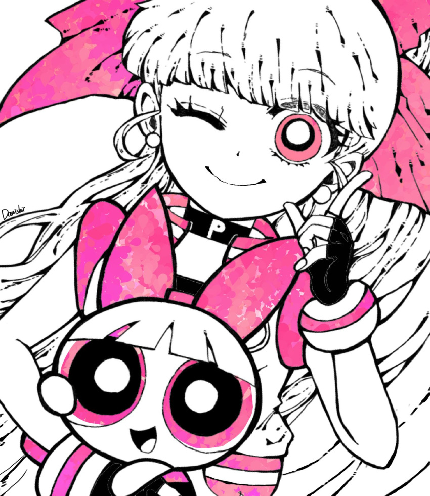 2girls :d ;) akazutsumi_momoko blossom_(ppg) blunt_bangs bow carrying carrying_person choker closed_mouth cropped_jacket danishi dual_persona dutch_angle earrings fingerless_gloves gloves hairbow hand_up high_collar highres hyper_blossom index_finger_raised jewelry looking_at_viewer multiple_girls one_eye_closed partially_colored powerpuff_girls powerpuff_girls_z simple_background sleeveless sleeveless_jacket smile upper_body