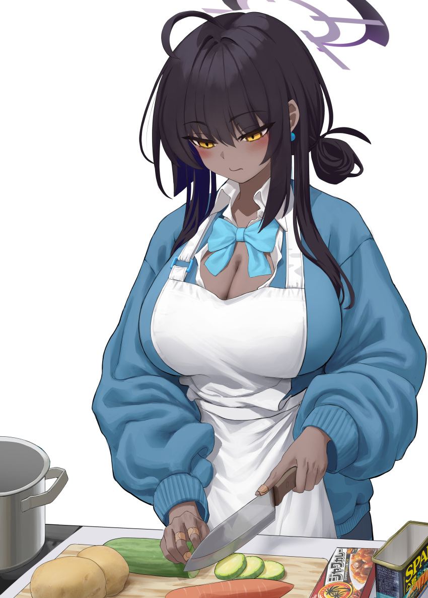 absurdres ahoge alternate_hairstyle apron b-pang bandaid bandaid_on_hand black_hair blue_archive blue_bow blue_bowtie blue_sweater blush bow bowtie breasts carrot cleavage commentary cooking curry_roux cutting_board dark-skinned_female dark_skin female food hair_up halo highres holding holding_knife karin_(blue_archive) kitchen_knife knife large_breasts long_hair long_sleeves potato sidelocks simple_background solo spam_(food) sweater upper_body vegetable white_background yellow_eyes zucchini_(vegetable)