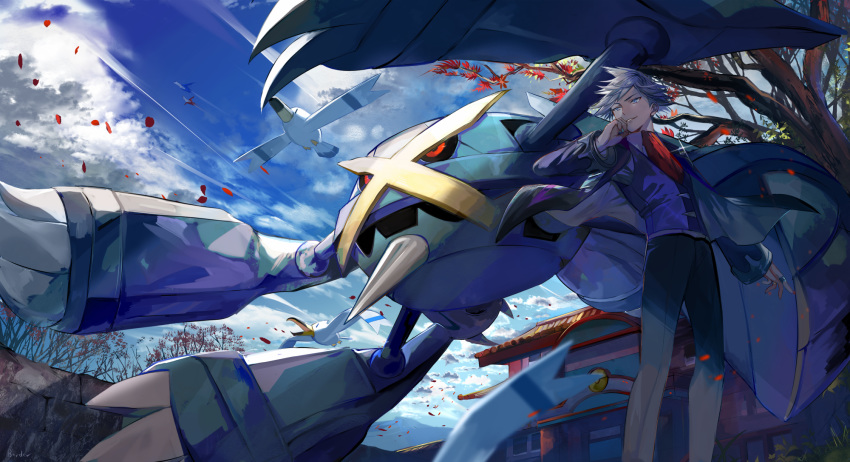 1boy architecture ascot autumn_leaves black_pants blue_eyes blue_jacket blue_sky blue_vest border0715 building cloud day east_asian_architecture flying grey_hair hand_on_own_head highres jacket jewelry latias latios long_sleeves looking_away mega_metagross mega_pokemon metagross open_clothes open_jacket outdoors pants parted_lips pokemon pokemon_(creature) pokemon_oras red_ascot ring short_hair sky standing steven_stone tree vest wind wingull