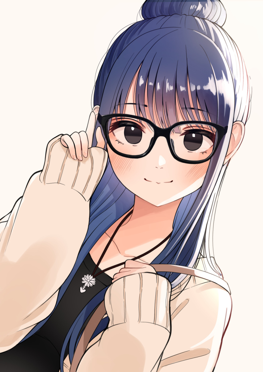 a_sore_pon_desu! black-framed_eyewear black_eyes black_shirt blue_hair blush brown_jacket closed_mouth collarbone commentary_request female glasses grey_background hair_bun hand_up highres jacket kentaurosu long_hair long_sleeves looking_at_viewer open_clothes open_jacket shirt simple_background single_hair_bun sleeves_past_wrists smile solo toukura_shiori upper_body