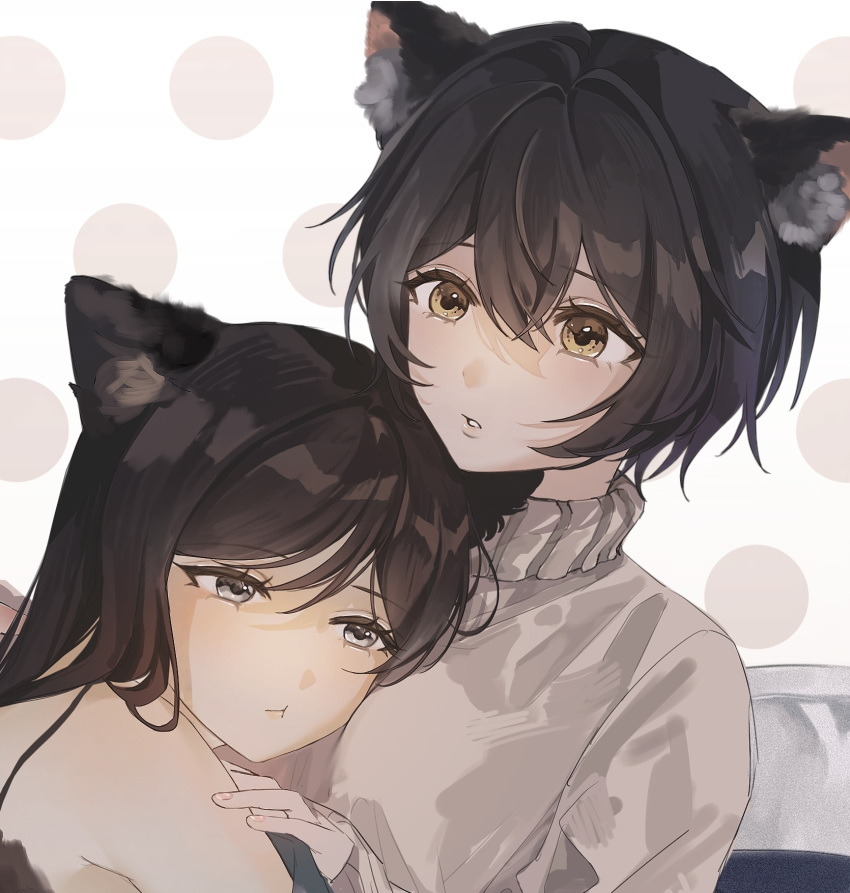 2girls :t animal_ears aoyagi_tsubaki bad_id bad_pixiv_id black_hair brown_eyes cat_ears chinese_commentary commentary d4dj giraffe_three grey_sweater hands_on_another's_shoulders head_on_chest highres hug long_hair long_sleeves miyake_aoi multiple_girls parted_lips rondo_(d4dj) short_hair spaghetti_strap sweater turtleneck turtleneck_sweater upper_body yuri