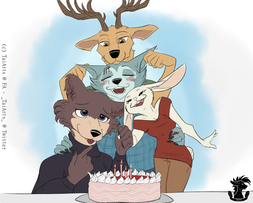 2021 5_fingers abstract_background absurd_res anthro antlers artist_logo artist_name beastars birthday birthday_cake black_clothing black_topwear blue_background blue_body blue_clothing blue_fur blue_topwear blush blush_lines bottomwear breasts brown_body brown_bottomwear brown_clothing brown_eyes brown_fur brown_pants bust_portrait cake candle canid canine canis celebrating celebration cervine claws clothing copyright_symbol cotton_tail deer dessert domestic_rabbit dwarf_rabbit eye_scar eyelashes facial_scar facial_tuft fangs female finger_fetish finger_lick finger_play fingers fire food front_view fur green_clothing green_shirt green_topwear grey_body grey_fur group hand_holding haru_(beastars) head_on_head hi_res holding_another holding_both_ears holding_shoulder holding_waist horn icing juno_(beastars) lagomorph legoshi_(beastars) leporid licking licking_food logo looking_down_at_another looking_down_at_partner looking_up_at_another looking_up_at_partner louis_(beastars) male mammal motion_lines multicolored_body multicolored_fur oryctolagus pants pattern_clothing pattern_shirt pattern_topwear plaid plaid_clothing plaid_shirt plaid_topwear plate portrait purple_eyes rabbit red_clothing red_deer red_shirt red_topwear resting_head scar shirt signature simple_background size_difference smile smiling_at_another smiling_at_partner standing_behind sweater symbol taiarts tail tan_body tan_fur tasting teeth text three-quarter_portrait tongue topwear triangular_ears tuft turtleneck two_tone_body two_tone_fur white_body white_fur wolf