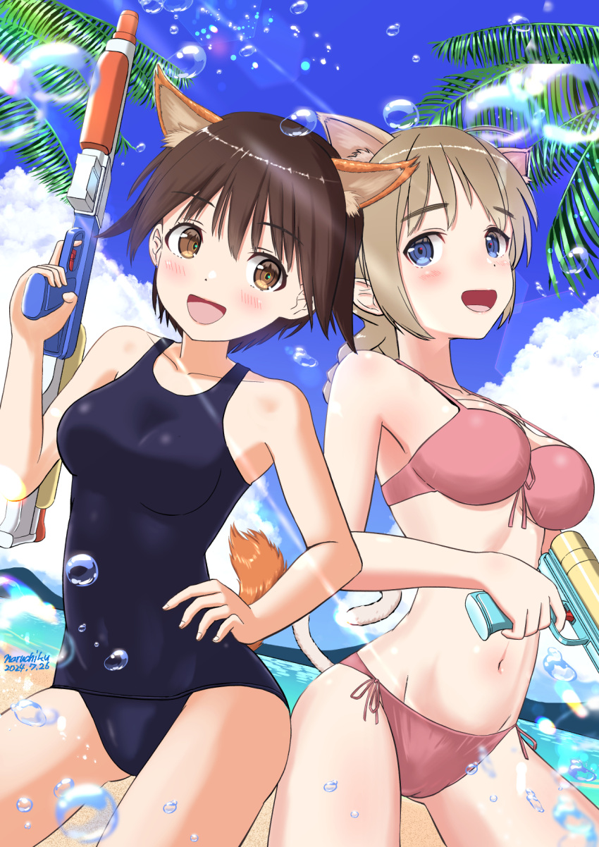 2girls animal_ears beach bikini blue_eyes blue_one-piece_swimsuit blush braid braided_ponytail breasts brown_eyes brown_hair cat_ears cat_tail covered_navel dog_ears dog_tail highres large_breasts long_hair lynette_bishop miyafuji_yoshika multiple_girls naruchisukisuki navel ocean one-piece_swimsuit open_mouth outdoors palm_tree pink_bikini short_hair sky smile strike_witches swimsuit tail tree water_gun world_witches_series