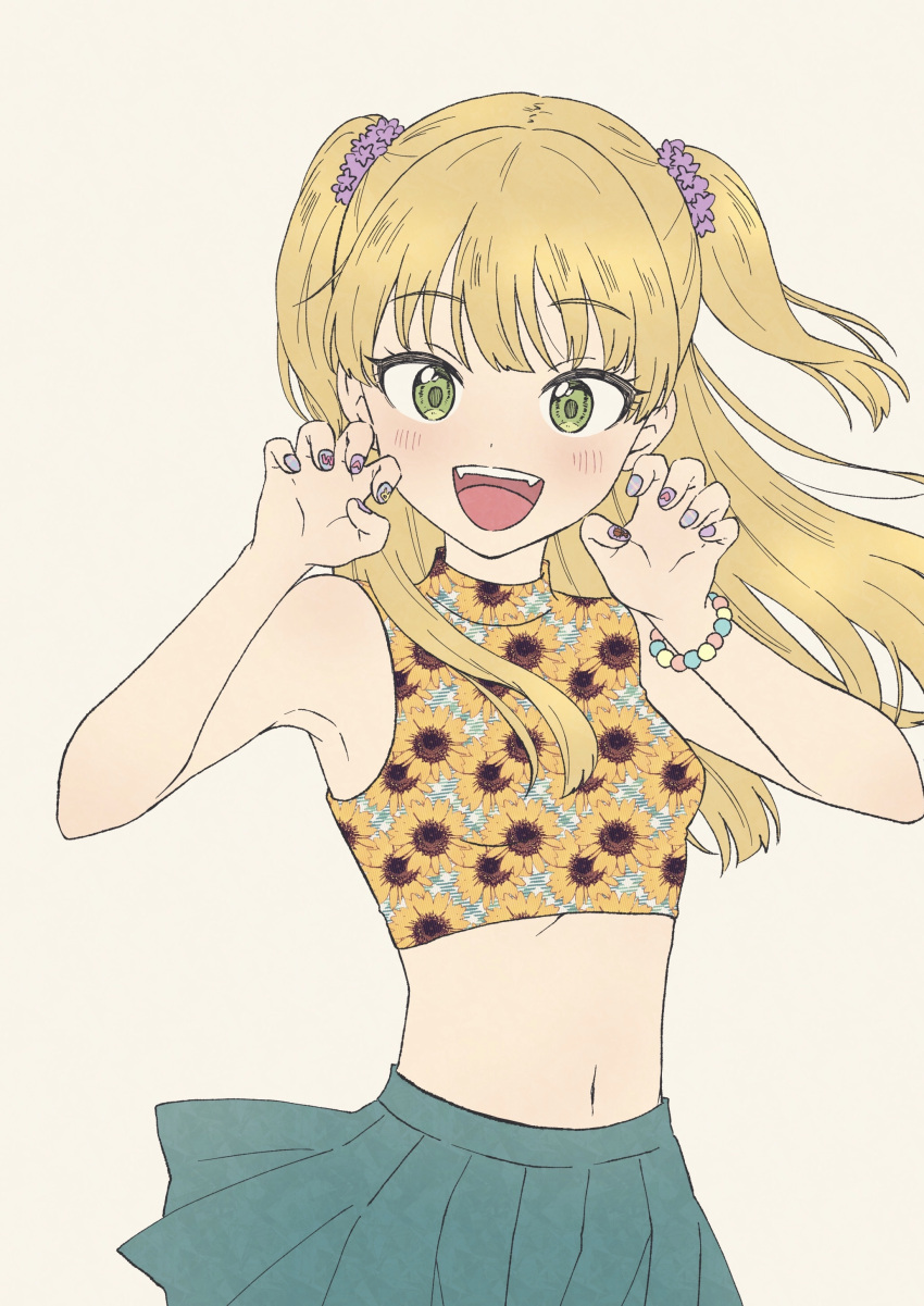 :d absurdres bead_bracelet beads blonde_hair bracelet breasts claw_pose crop_top fangs female floating_hair floral_print green_eyes green_skirt hair_ornament hair_scrunchie highres idolmaster idolmaster_cinderella_girls isshokuitaru jewelry jougasaki_rika long_hair looking_at_viewer midriff miniskirt nail_art nail_polish navel pleated_skirt purple_scrunchie scrunchie simple_background skirt sleeveless small_breasts smile solo sunflower_print two_side_up