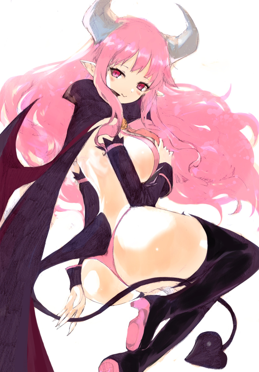 ass bat_wings black_cloak blush boots breasts cloak demon_girl demon_tail demon_wings disgaea eyelashes female from_side heart heart_tail high_heel_boots high_heels highres horns kakuwashi large_breasts long_hair looking_at_viewer makai_senki_disgaea makai_senki_disgaea_3 pink_eyes pink_hair pointy_ears shiny_skin smile solo succubus_(disgaea) tail thigh_boots thighhighs white_background wings