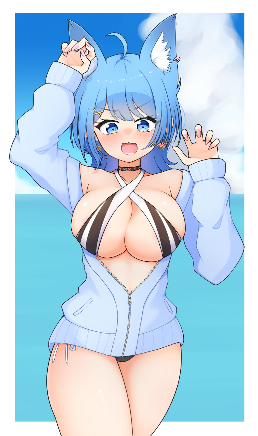 :3 absurdres ahoge animal_ear_fluff animal_ear_piercing animal_ears bikini bikini_under_clothes black_bikini black_choker blue_eyes blue_hair blue_jacket blue_sky blush border breasts choker claw_pose cloud cowboy_shot criss-cross_halter day dog_ears dog_girl earrings extra_ears female fingernails hair_ornament halterneck heart heart_earrings highres horizon jacket jewelry k_(ve_do_9k) large_breasts long_sleeves looking_at_viewer medium_bangs medium_hair nanashi_inc. ocean open_mouth outdoors outside_border partially_unzipped pink_nails single_earring sky sleeves_past_wrists solo souya_ichika striped_bikini striped_clothes swimsuit v-shaped_eyebrows virtual_youtuber white_bikini white_border x_hair_ornament