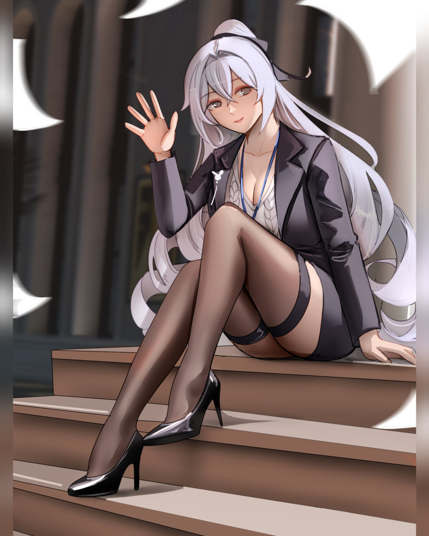 aran_sweater black_footwear black_jacket black_skirt breasts bronya_zaychik bronya_zaychik_(outstanding_attitude) bronya_zaychik_(silverwing:_n-ex) cable_knit cleavage female grey_eyes grey_hair grey_sweater grey_thighhighs hand_up high_heels highres honkai_(series) honkai_impact_3rd jacket knees_up long_hair long_sleeves looking_at_viewer miniskirt notgustiarp office_lady pencil_skirt skirt smile solo sweater thighhighs very_long_hair