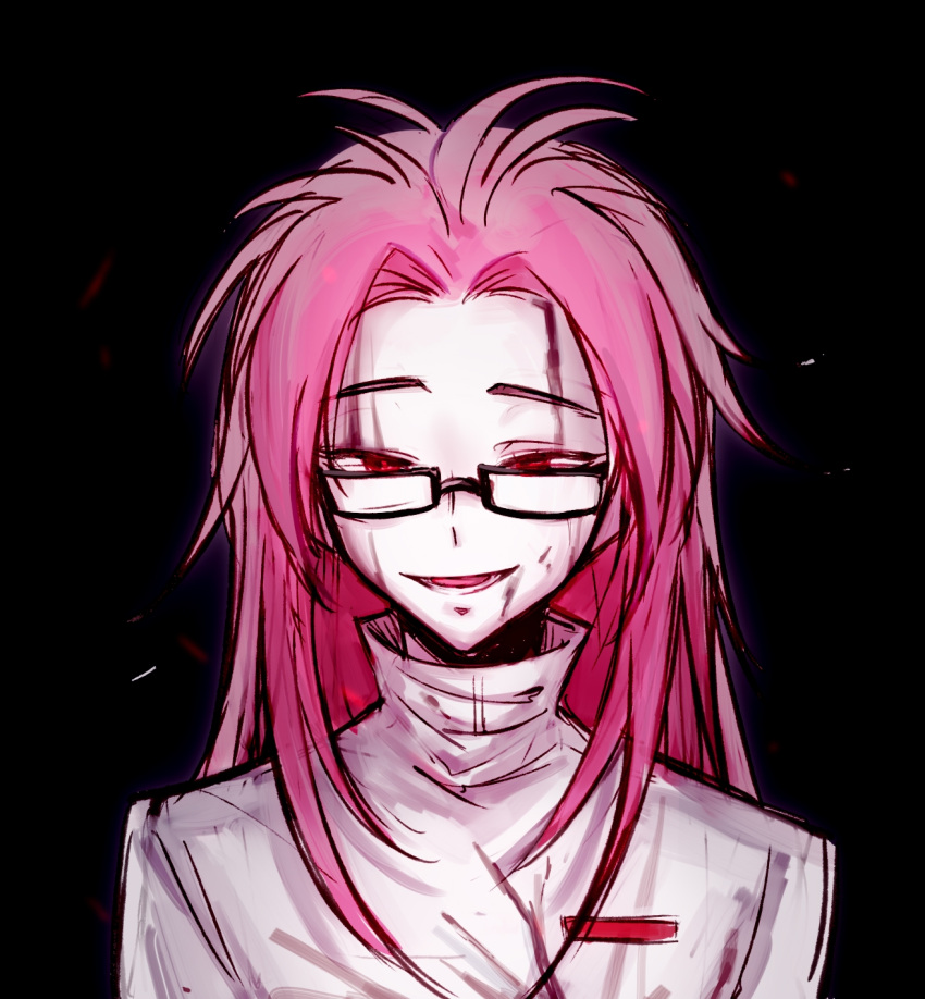 1boy antenna_hair black-framed_eyewear black_background blood blood_on_clothes blood_on_face chinese_commentary commentary_request crazy crazy_smile dice156 glasses half-closed_eyes hatsutori_hajime highres long_hair long_sleeves lower_teeth_only male_focus messy_hair open_mouth pink_hair pocket red_eyes saibou_shinkyoku shirt sidelocks simple_background smile solo straight-on teeth thick_eyebrows turtleneck turtleneck_shirt upper_body very_long_hair white_shirt