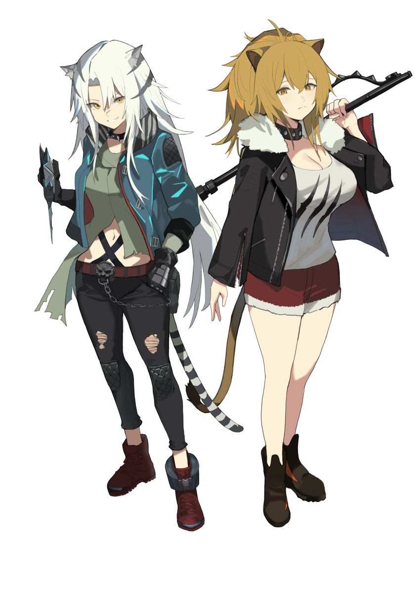 2girls absurdres animal_ears ankle_boots aqua_jacket arknights belt black_collar black_jacket black_pants black_tail blonde_hair boots breasts brown_footwear chains cleavage closed_mouth collar commentary farewell_(dpjp5277) full_body fur-trimmed_jacket fur_trim green_shirt grey_hair grey_shirt grey_tail grin hair_between_eyes hand_in_pocket hand_up highres holding indra_(arknights) jacket long_sleeves looking_at_viewer medium_hair multiple_girls navel open_clothes open_jacket pants red_belt red_footwear red_shorts scoop_neck shirt shorts siege_(arknights) simple_background smile spiked_collar spikes split_mouth standing tail torn_clothes torn_pants white_background yellow_eyes yellow_tail