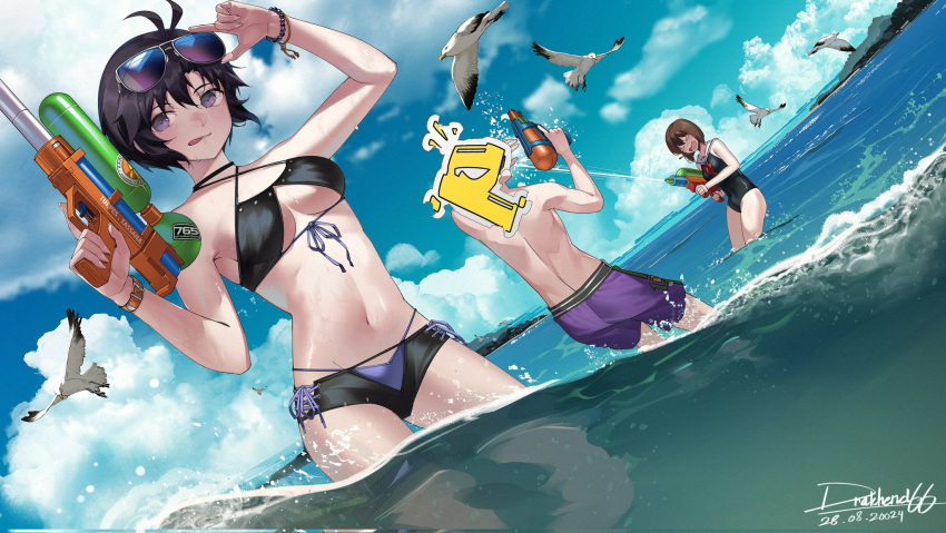 1boy 2girls adjusting_eyewear antenna_hair beach bikini bird black_hair bracelet breasts brown_hair cloud cloudy_sky drakhend66 english_commentary eyewear_on_head hagiwara_yukiho highres idolmaster idolmaster_(classic) idolmaster_million_live! idolmaster_million_live!_theater_days jewelry kikuchi_makoto looking_at_viewer multiple_bracelets multiple_girls navel ocean one-piece_swimsuit p-head_producer producer_(idolmaster) purple_eyes seagull short_hair sky swimsuit water_gun