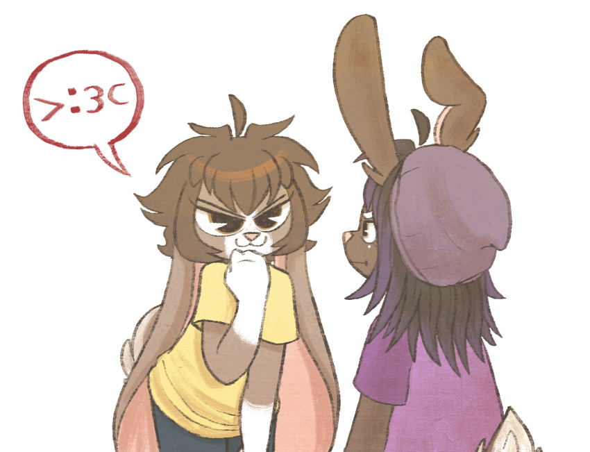 >:3c anthro ashton_(nini) brother_(lore) brother_and_sister_(lore) brown_hair clothed clothing duo female hair lagomorph leporid male mammal maya_(nini) nini_(artist) rabbit scut_tail short_tail sibling_(lore) sister_(lore) smile tail