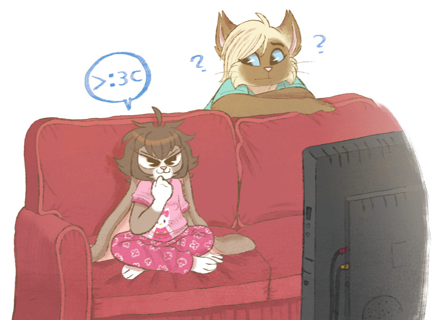 >:3c anthro ashton_(nini) biped brown_hair clothed clothing domestic_cat duo felid feline felis female furniture hair hello_kitty_(character) hello_kitty_(series) hi_res lagomorph leporid male mallory_(nini) mammal mother_(lore) mother_and_child_(lore) mother_and_son_(lore) nini_(artist) on_sofa parent_(lore) parent_and_child_(lore) parent_and_son_(lore) question_mark rabbit sanrio smile sofa son_(lore) watching_tv